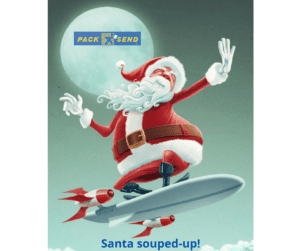 Santa souped-up on surfboard