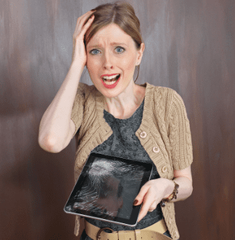 woman with broken tablet
